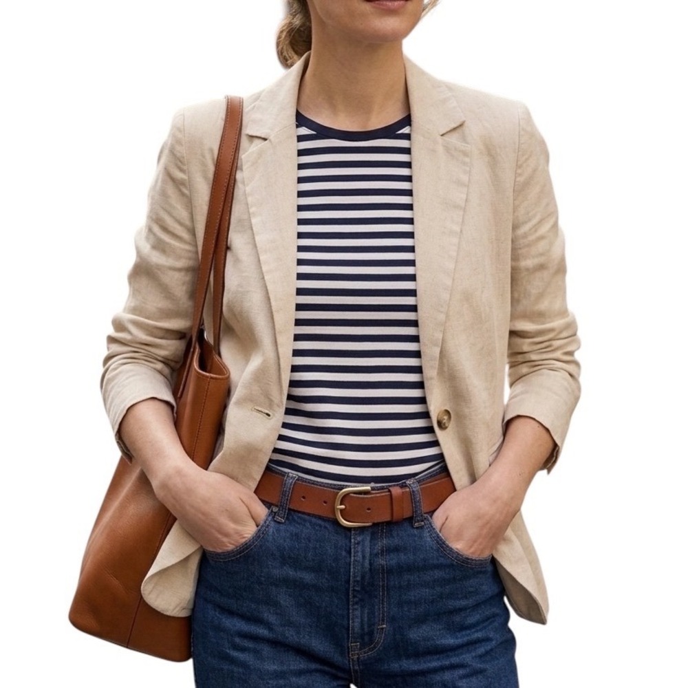 Mine Womens Linen Blend Single Button‎ Unstructured Blazer Beige Minimalist M/L